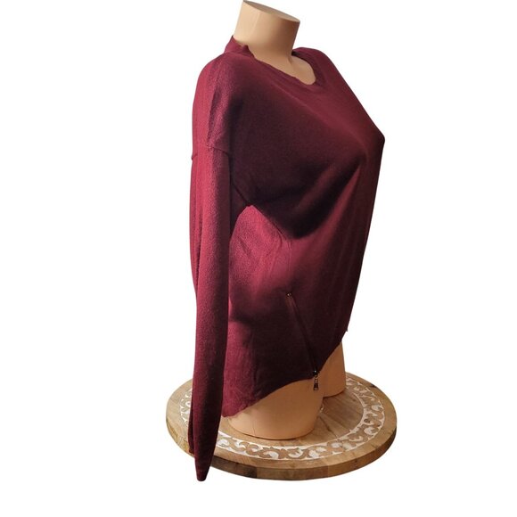 Mine ~ Burgundy Zip Accent Oversized Knit Sweater With Curved Hem & Side Details - Picture 7 of 12